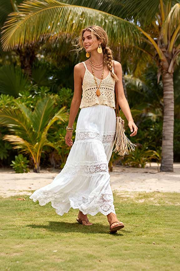 White Tiered Lace Maxi Skirt With Crochet Top White Tiered Lace Maxi Skirt With Crochet Top — Elegant White Maxi Skirt Outfit
