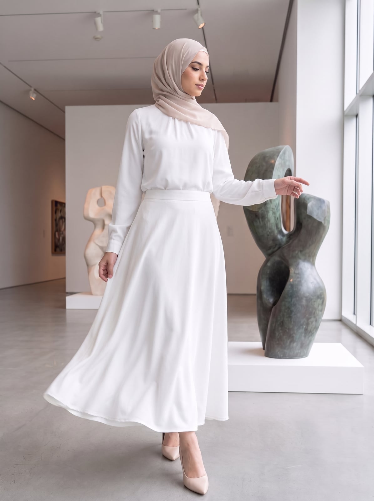 White Flowing Maxi Skirt With Long Sleeve Blouse White Flowing Maxi Skirt With Long Sleeve Blouse — Elegant White Maxi Skirt Outfit
