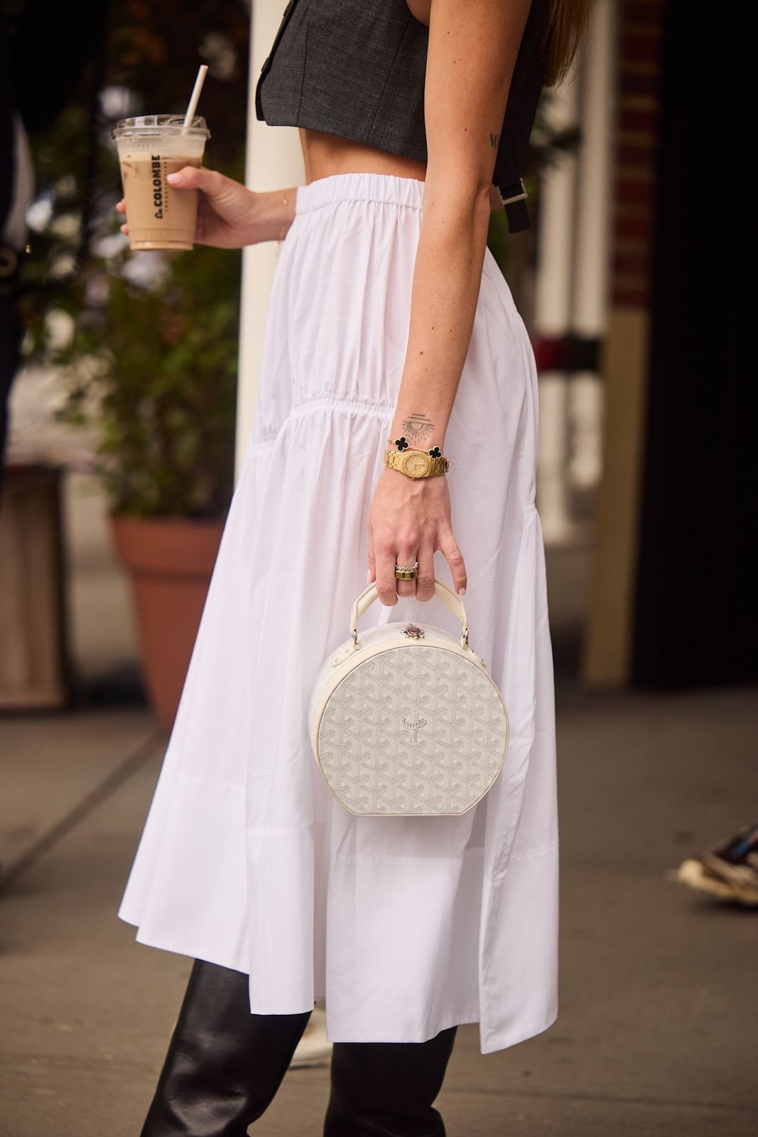 White Tiered Maxi Skirt With Grey Cropped Vest White Tiered Maxi Skirt With Grey Cropped Vest — Elegant White Maxi Skirt Outfit