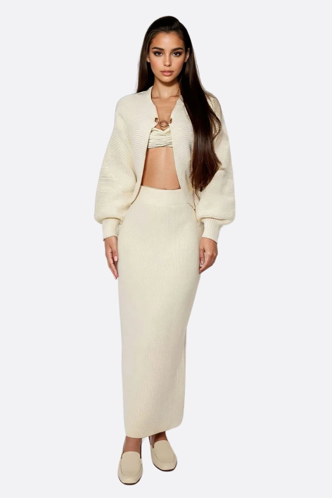 White Ribbed Knit Maxi Skirt With Cardigan White Ribbed Knit Maxi Skirt With Cardigan — Elegant White Maxi Skirt Outfit