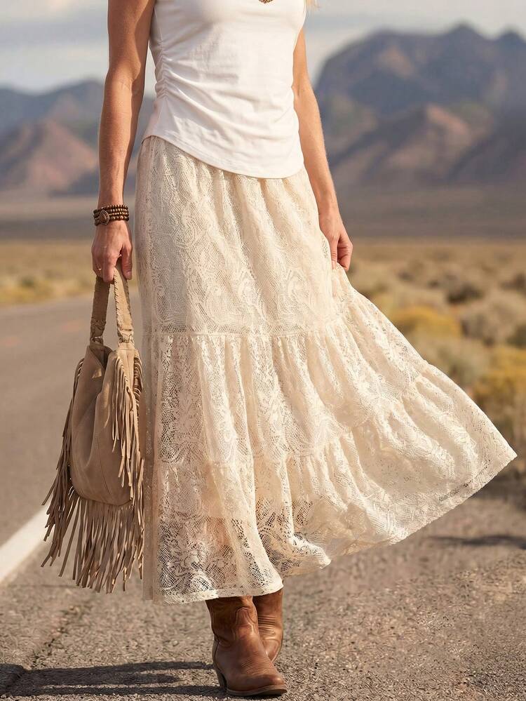 Ivory Tiered Lace Maxi Skirt With Tank Top Ivory Tiered Lace Maxi Skirt With Tank Top — Elegant White Maxi Skirt Outfit
