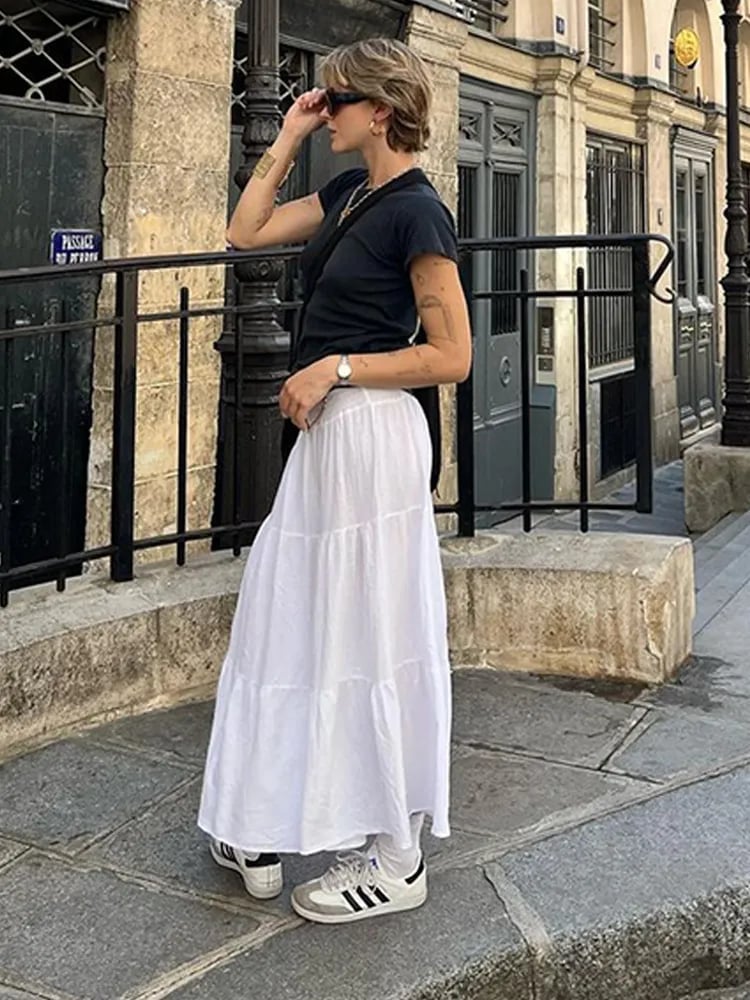 White Tiered Cotton Maxi Skirt With Short Sleeve Top, Close-Up Take White Tiered Cotton Maxi Skirt With Short Sleeve Top, Close-Up Take — Elegant White Maxi Skirt Outfit