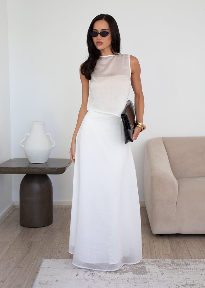 White Linen Blend Maxi Skirt With Sheer Top White Linen Blend Maxi Skirt With Sheer Top — Elegant White Maxi Skirt Outfit