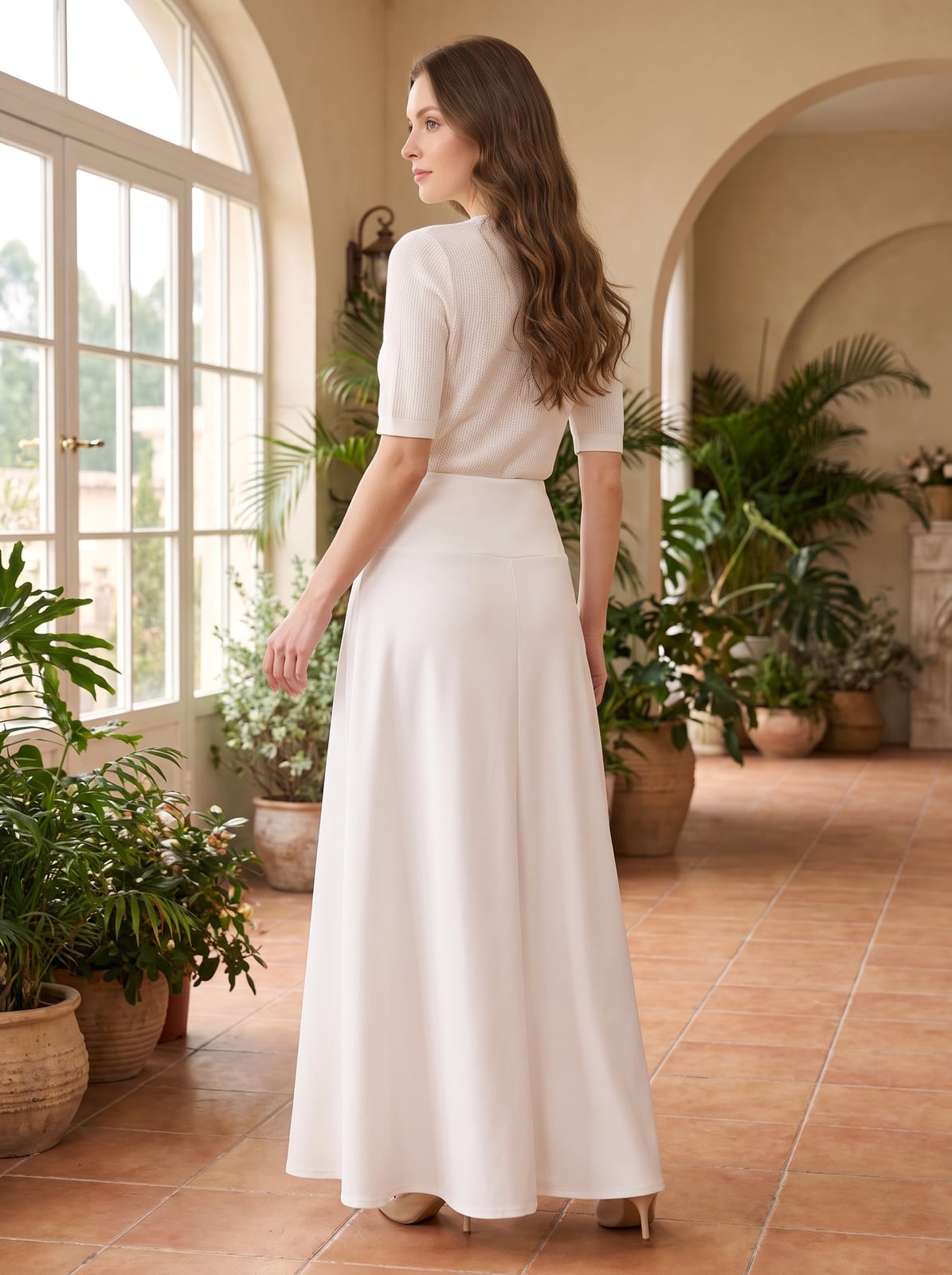 White High-Waisted Pleated Maxi Skirt And Knit Top White High-Waisted Pleated Maxi Skirt And Knit Top — Elegant White Maxi Skirt Outfit