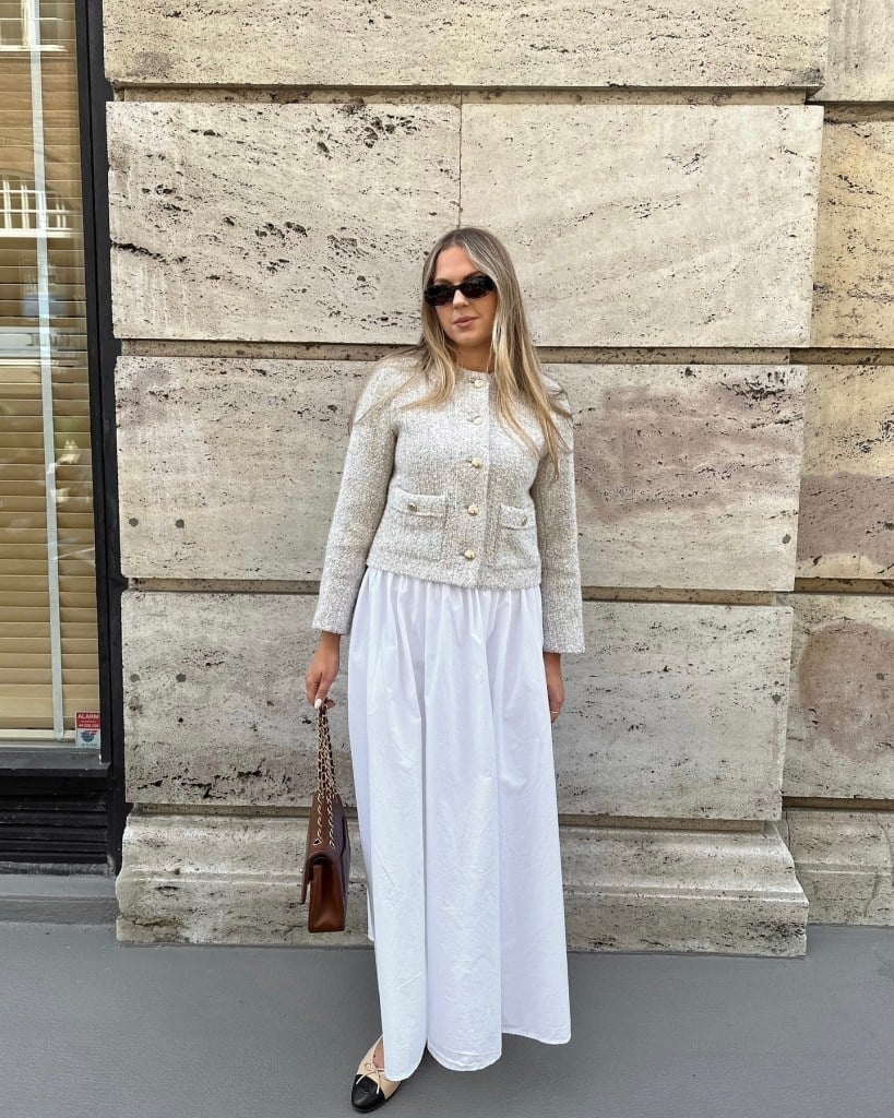 White Straight Leg Maxi Skirt With Tweed Jacket White Straight Leg Maxi Skirt With Tweed Jacket — Elegant White Maxi Skirt Outfit