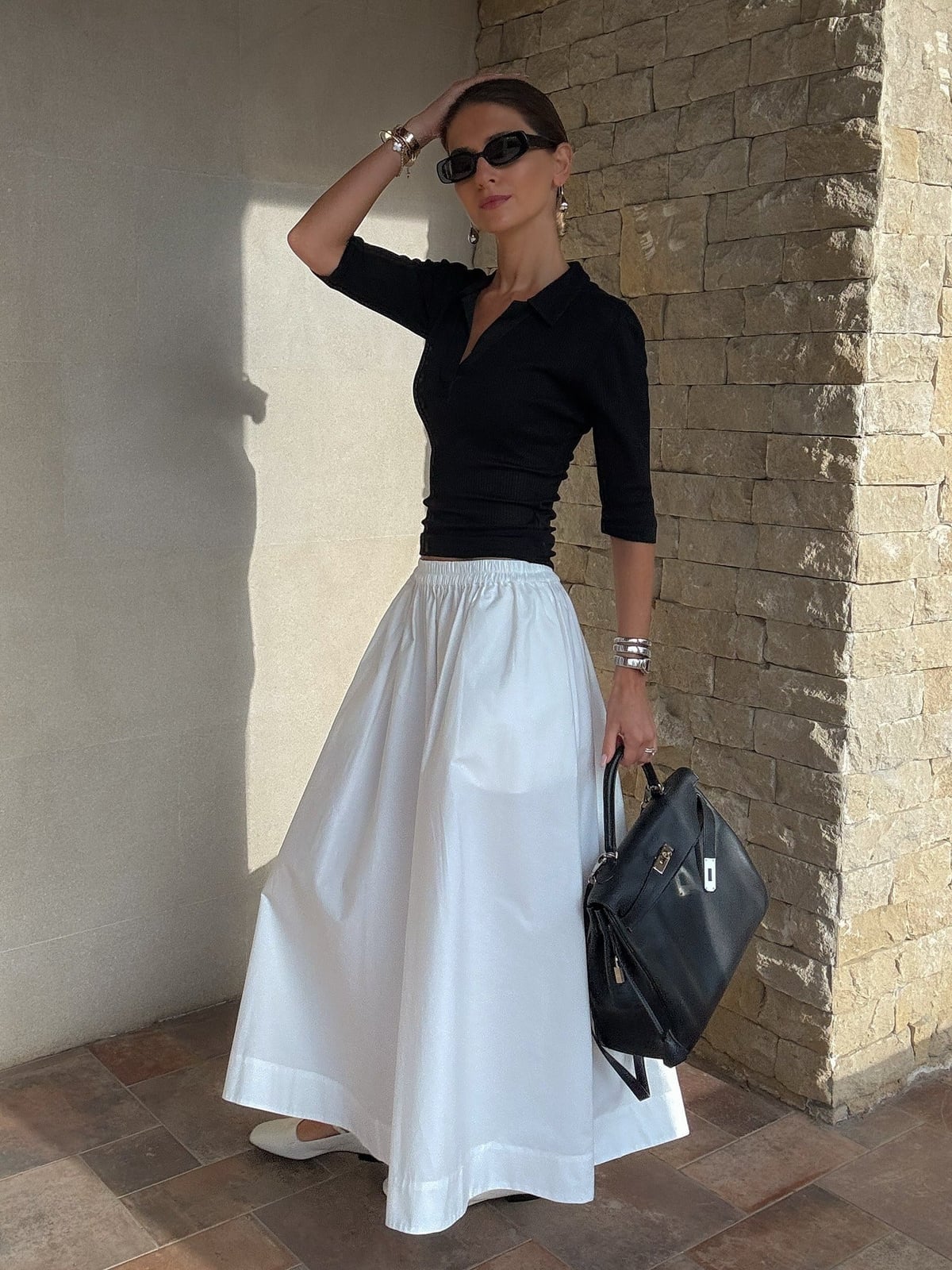 White Wide Leg Maxi Skirt With Polo Shirt White Wide Leg Maxi Skirt With Polo Shirt — Elegant White Maxi Skirt Outfit