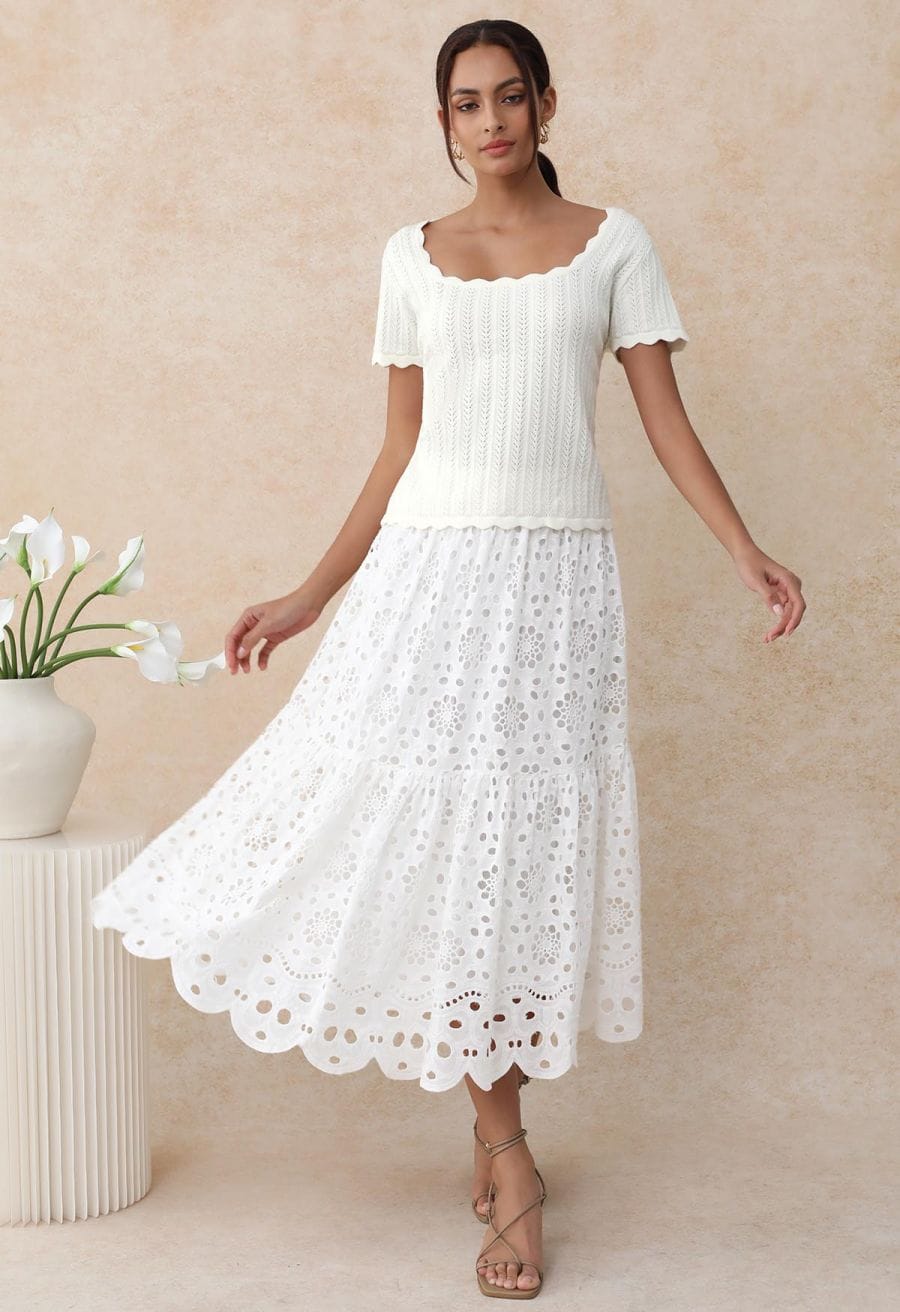 White Tiered Eyelet Maxi Skirt With Scalloped Top White Tiered Eyelet Maxi Skirt With Scalloped Top — Elegant White Maxi Skirt Outfit