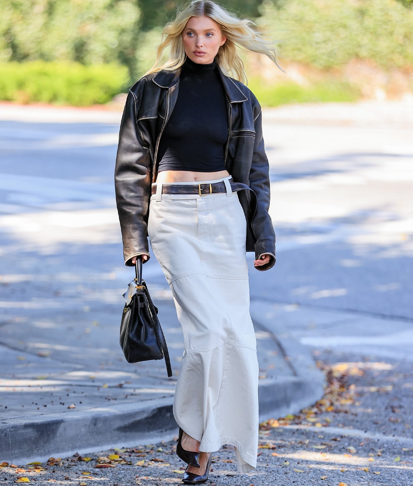 Paneled Off-White Maxi Skirt With Leather Jacket Paneled Off-White Maxi Skirt With Leather Jacket — Elegant White Skirt Outfit