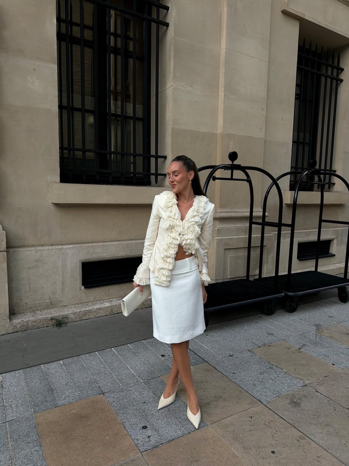 Ivory Linen Mini Skirt With Fringed Jacket Ivory Linen Mini Skirt With Fringed Jacket — Elegant White Skirt Outfit
