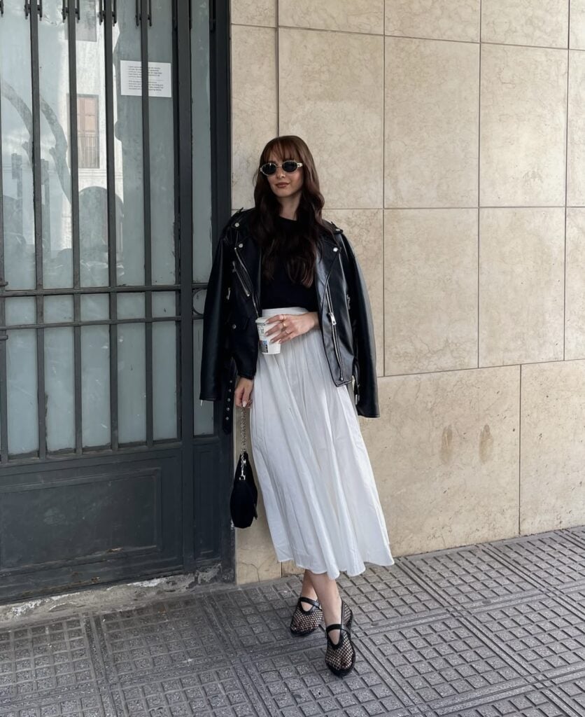 White Pleated Midi Skirt With Biker Jacket White Pleated Midi Skirt With Biker Jacket — Elegant White Skirt Outfit