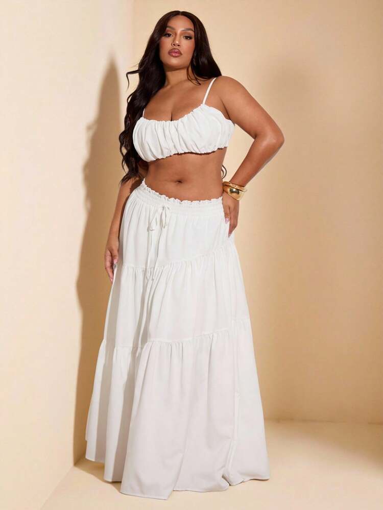 White Tiered Maxi Skirt With Ruched Crop Top White Tiered Maxi Skirt With Ruched Crop Top — Elegant White Skirt Outfit
