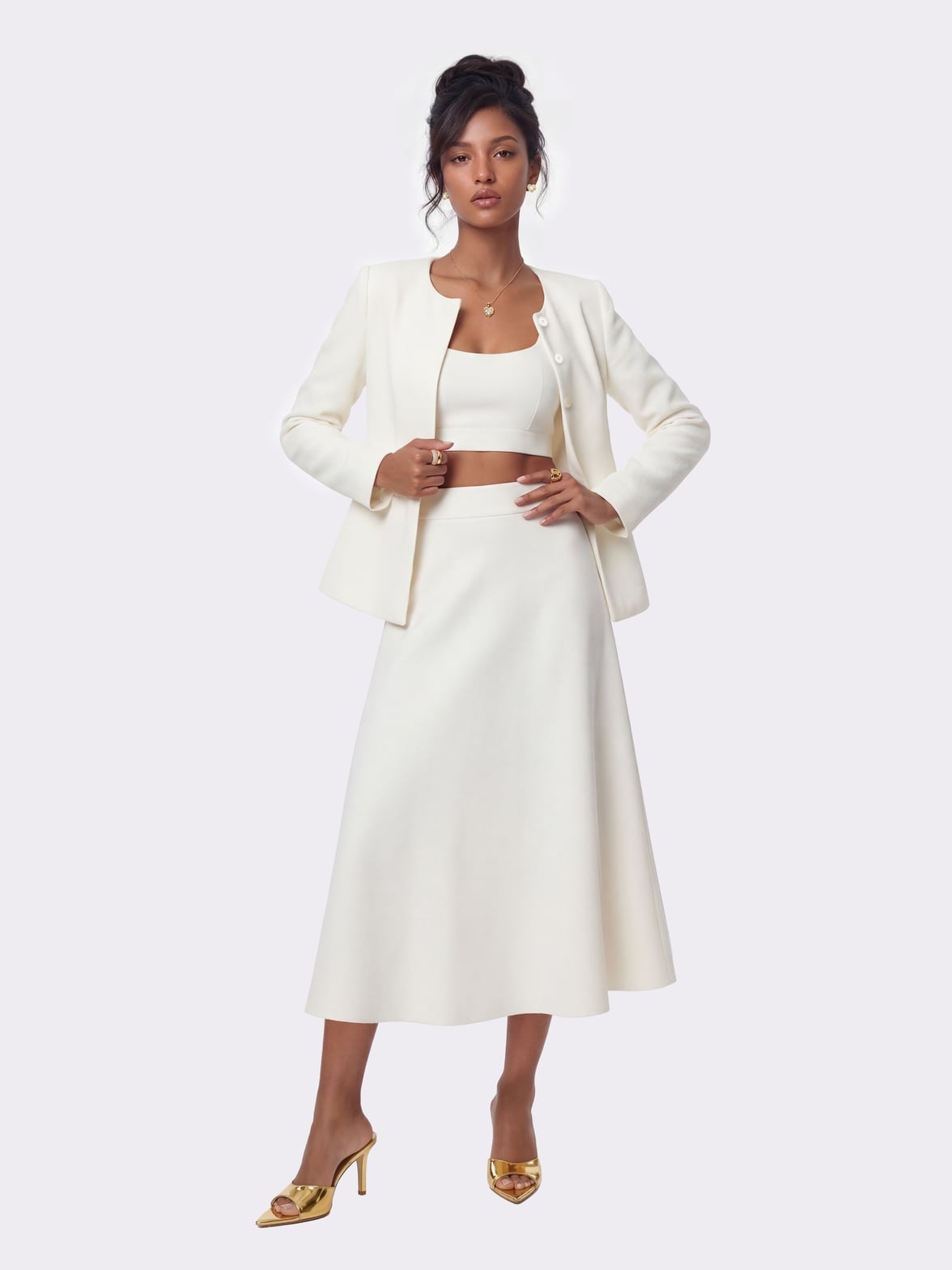 White Textured A-line Midi Skirt Coordinated Set White Textured A-line Midi Skirt Coordinated Set — Elegant White Skirt Outfit