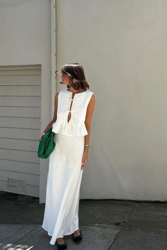 White Textured Maxi Skirt With Peplum Top White Textured Maxi Skirt With Peplum Top — Elegant White Skirt Outfit