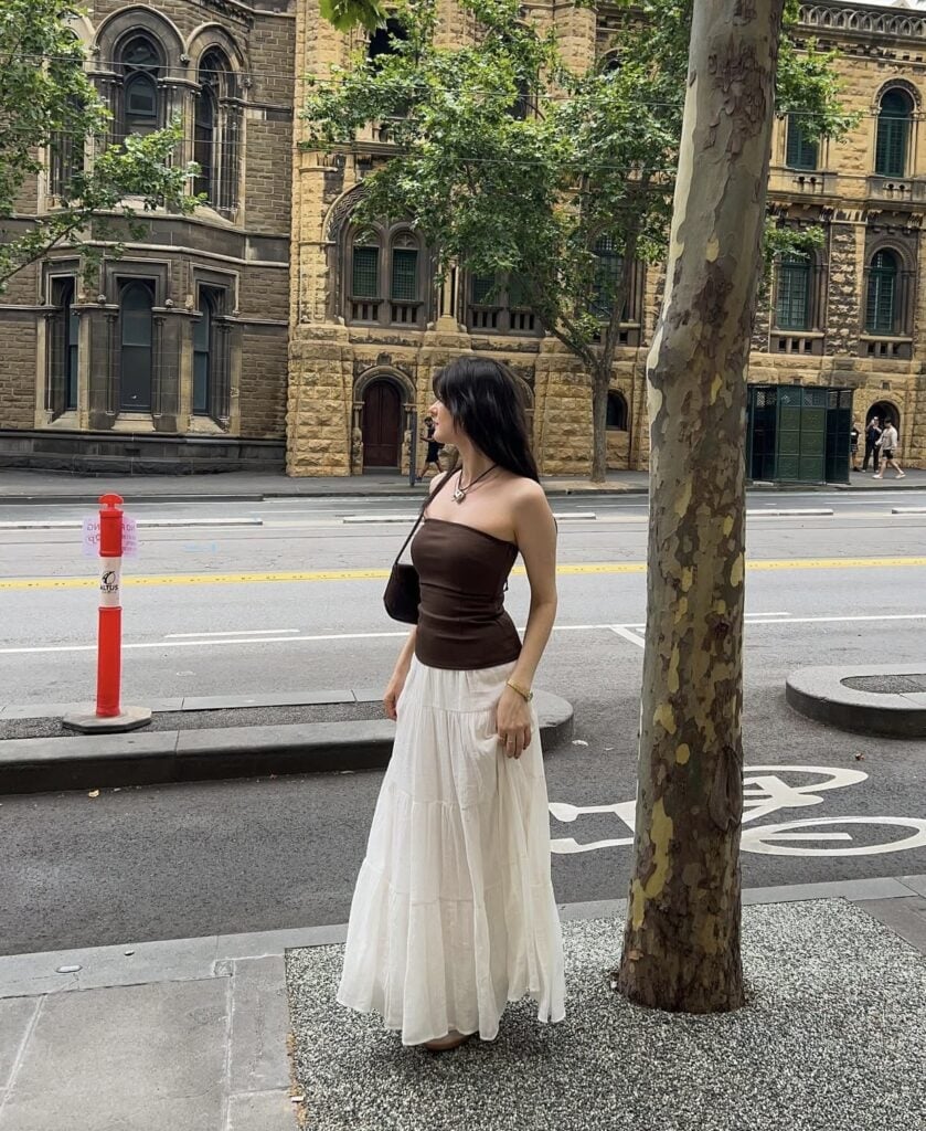 White Gauze Tiered Maxi Skirt With Strapless Top, Close-Up Take White Gauze Tiered Maxi Skirt With Strapless Top, Close-Up Take — Elegant White Skirt Outfit