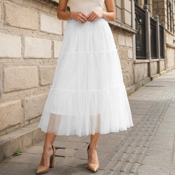 White Tiered Tulle Midi Skirt With Tank Top and Nude Pointed-Toe Pumps White Tiered Tulle Midi Skirt With Tank Top and Nude Pointed-Toe Pumps — Elegant White Skirt Outfit