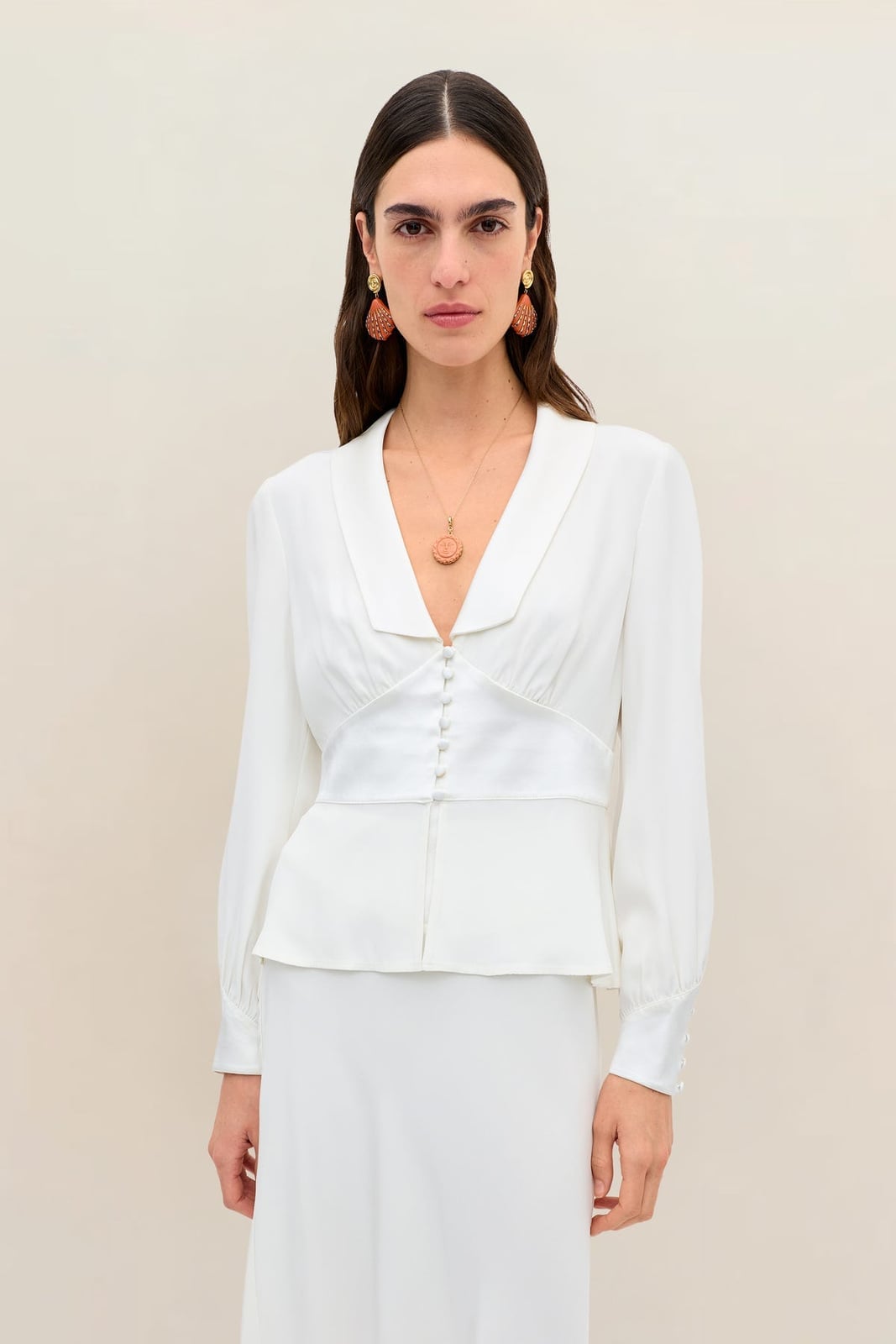 Ivory Silk Crepe Skirt With Collared Blouse Ivory Silk Crepe Skirt With Collared Blouse — Elegant White Skirt Outfit