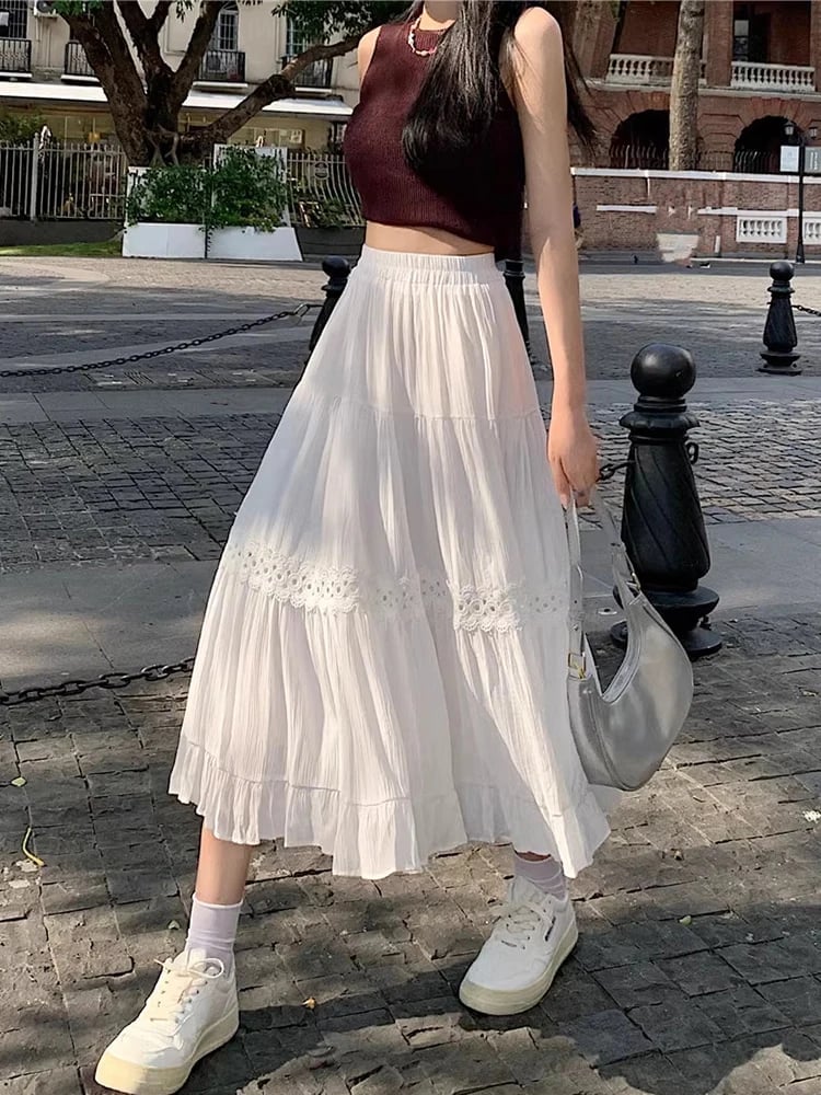 White Tiered Maxi Skirt With Burgundy Crop Top, Cotton White Tiered Maxi Skirt With Burgundy Crop Top, Cotton — Elegant White Skirt Outfit
