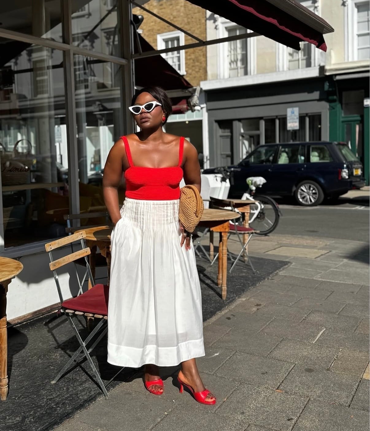 White A-line Midi Skirt With Red Square Neck Top White A-line Midi Skirt With Red Square Neck Top — Elegant White Skirt Outfit