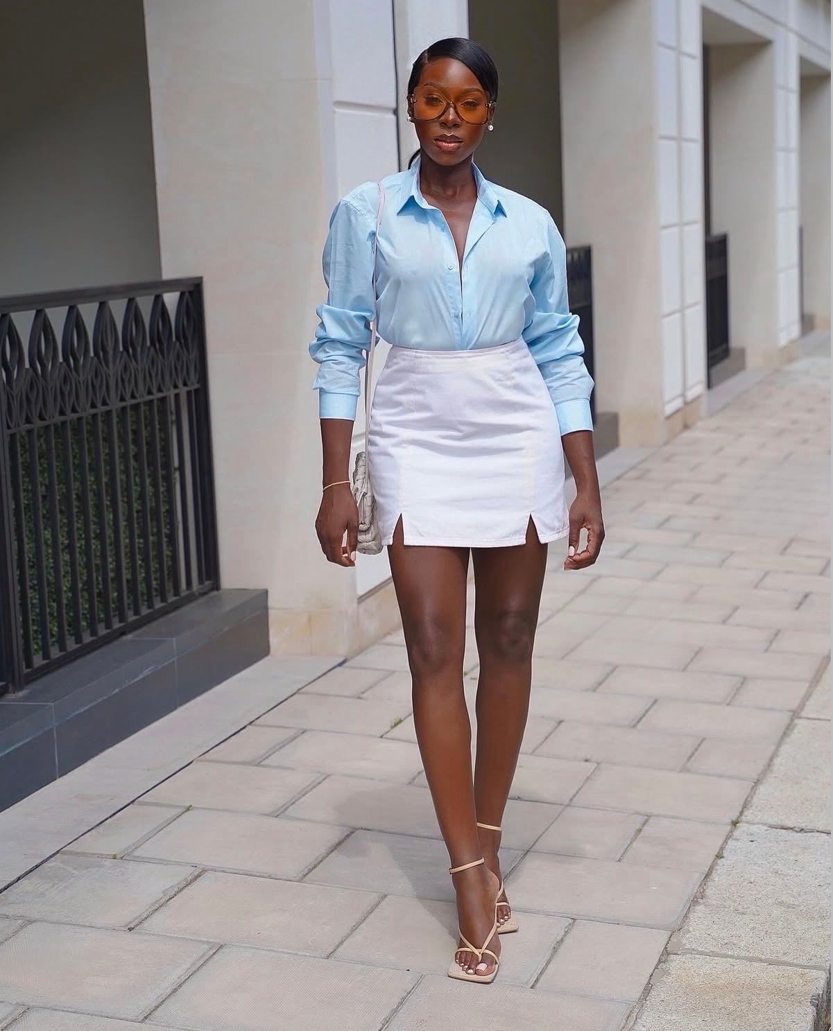 White Satin Mini Skirt With Light Blue Shirt White Satin Mini Skirt With Light Blue Shirt — Elegant White Skirt Outfit