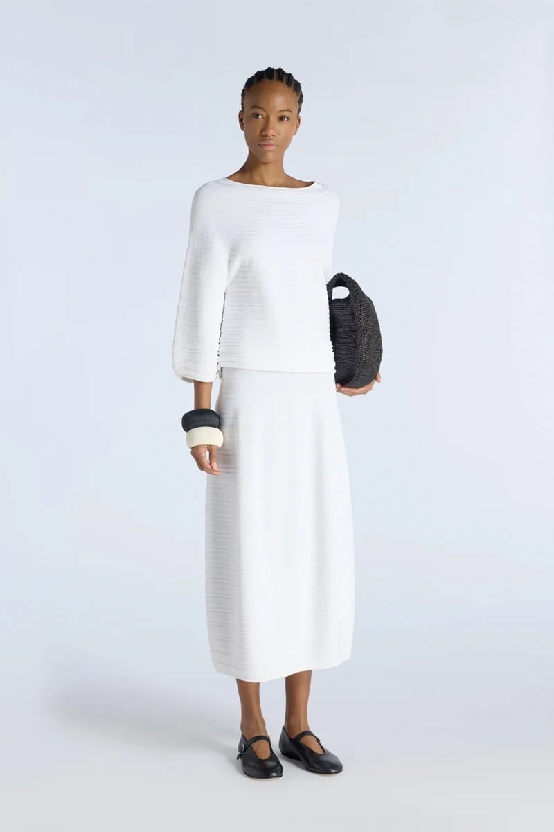 White Textured Knit Midi Skirt And Boat Neck Top White Textured Knit Midi Skirt And Boat Neck Top — Elegant White Skirt Outfit