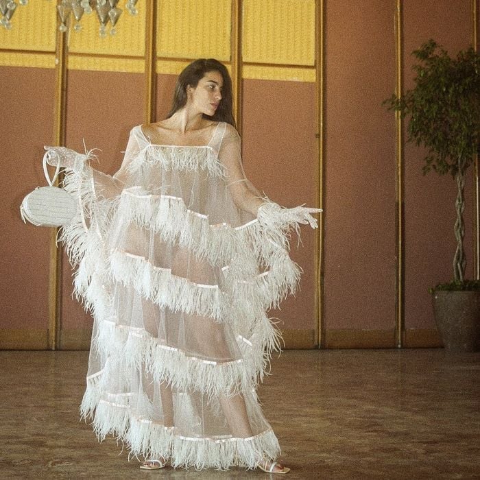 White Sheer Feather-Trimmed Dress with Satin Ribbon White Sheer Feather-Trimmed Dress with Satin Ribbon — Ethereal Dress Ideas