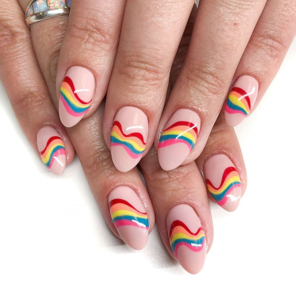 Nude Base Rainbow Wavy Stripe Design — Gel Nail Art Ideas