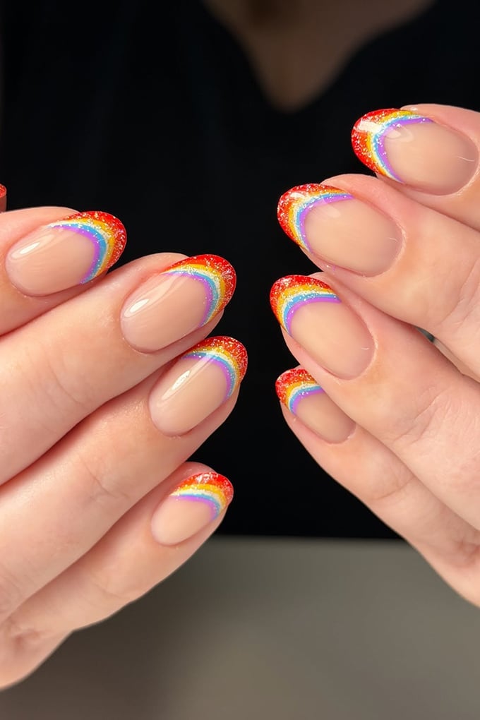 Rainbow Arc Glitter French Tips — Gel Nail Art Ideas