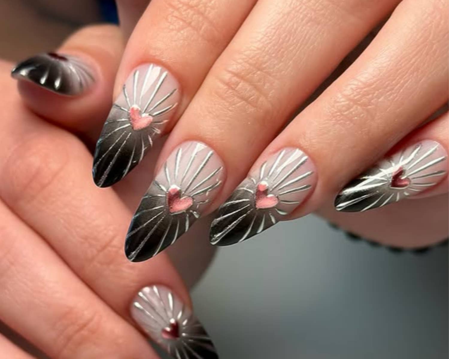 Black Gradient 3D Pink Heart Stiletto — Gel Nail Art Ideas