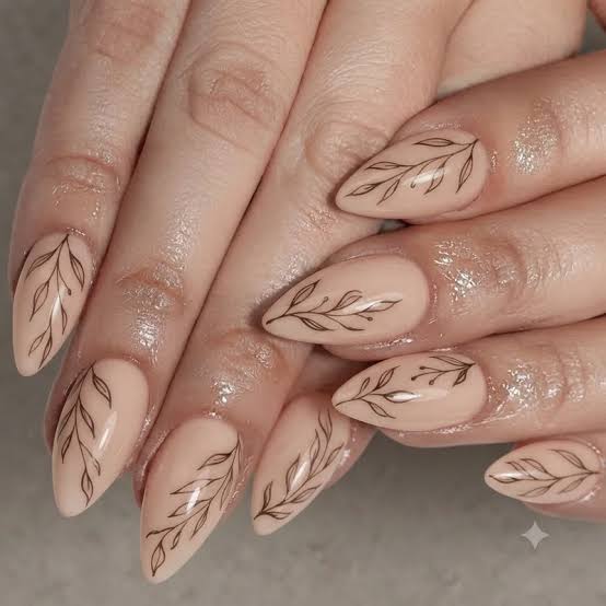 Light Nude Black Branch Line Art — Gel Nail Art Ideas