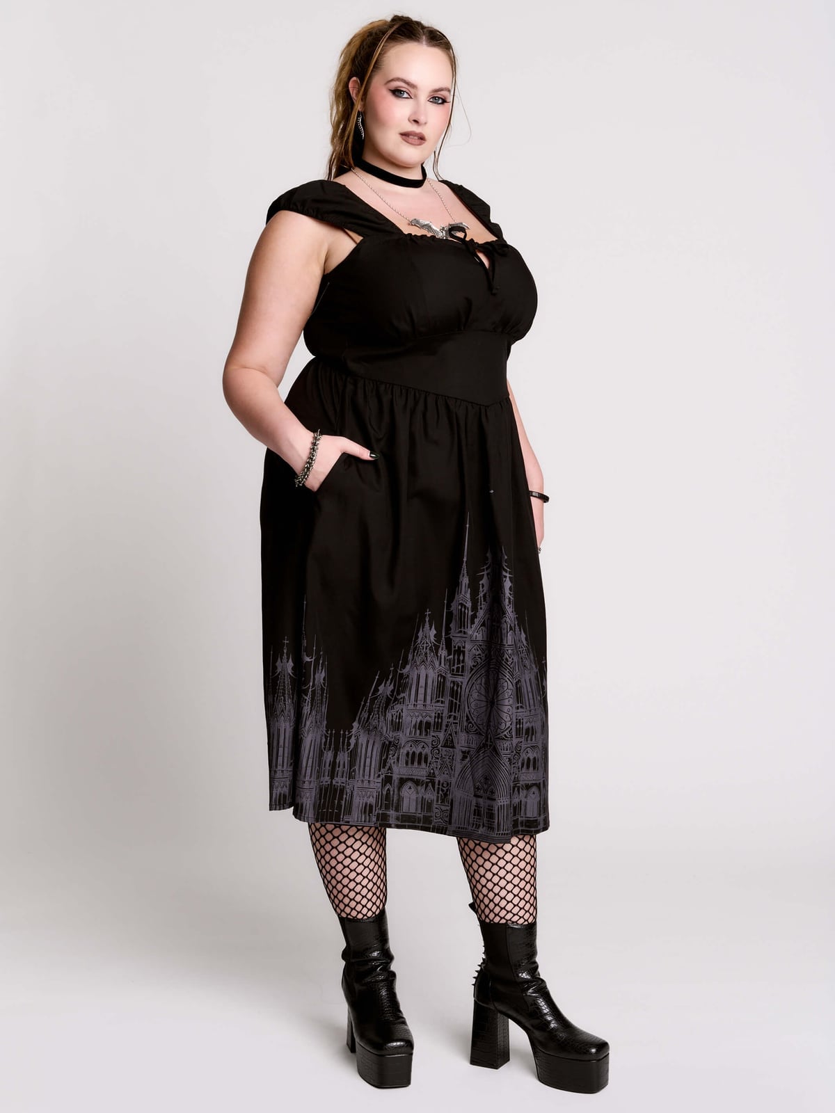 Gothic Castle Print Dress with Platform Boots — Goth Style Ideas