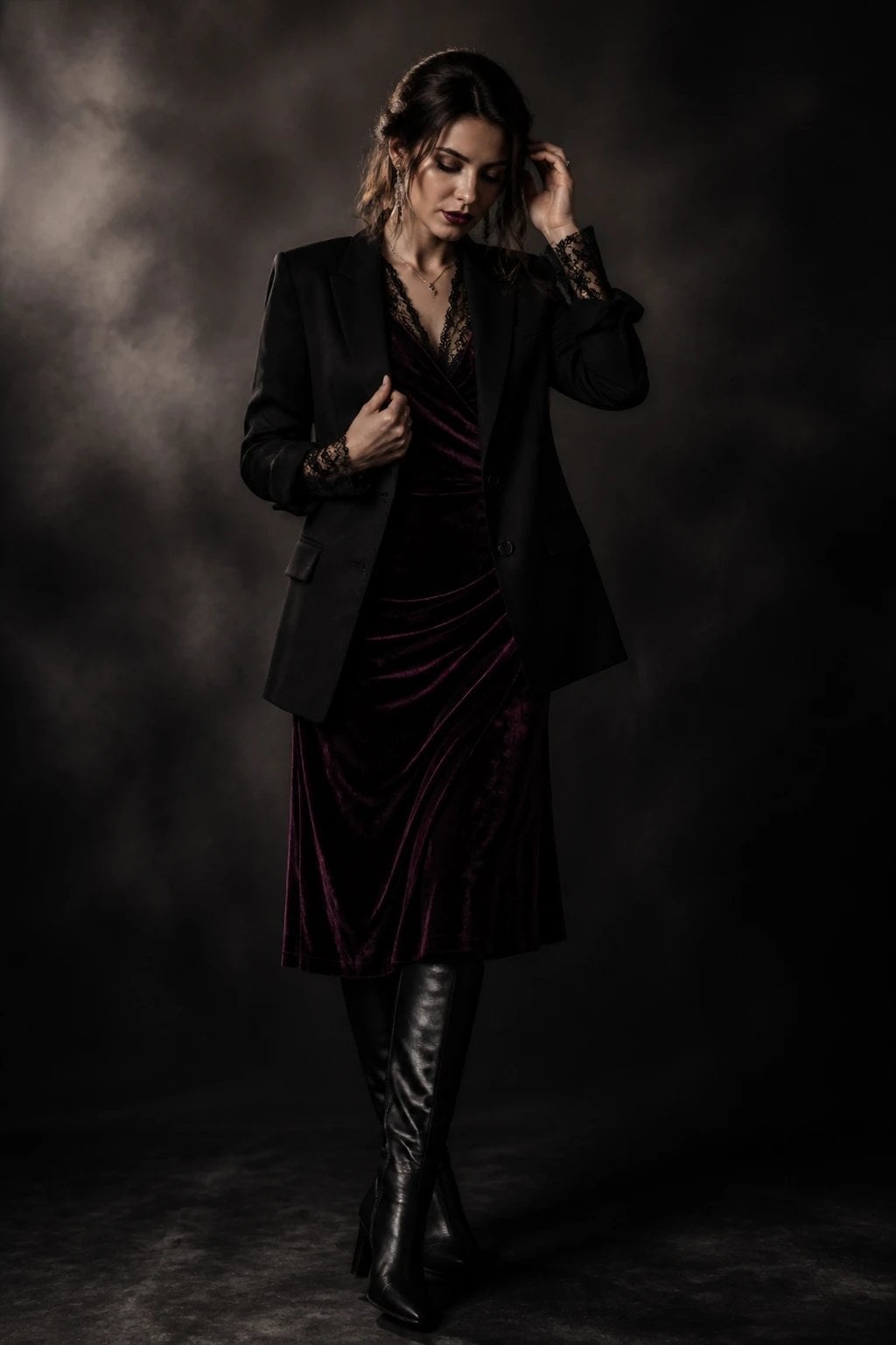 Velvet Dress Under Oversized Blazer — Goth Style Ideas