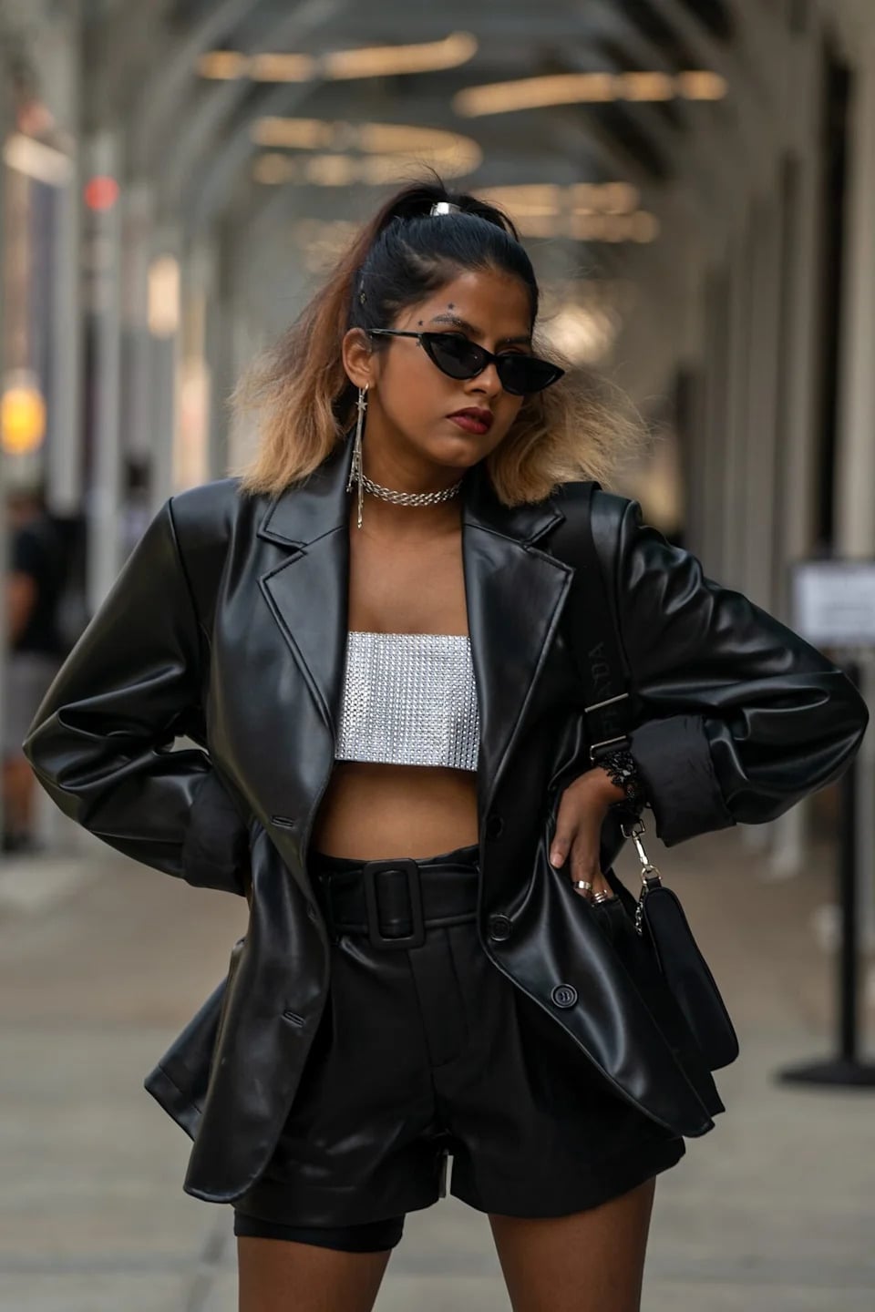 Leather Blazer Over Sparkly Crop Top — Goth Style Ideas