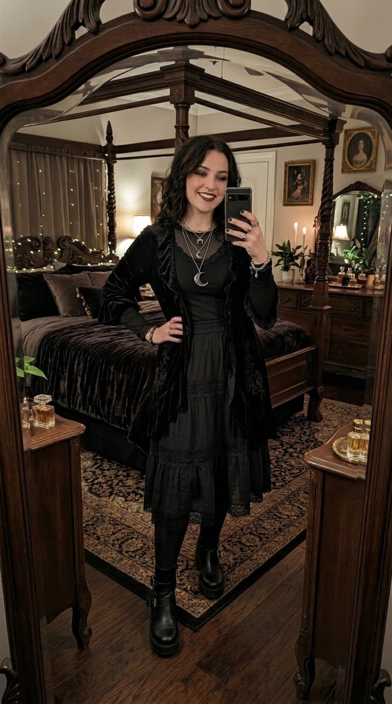 Velvet Blazer with Tiered Lace Skirt and Black Platform Boots — Goth Style Ideas