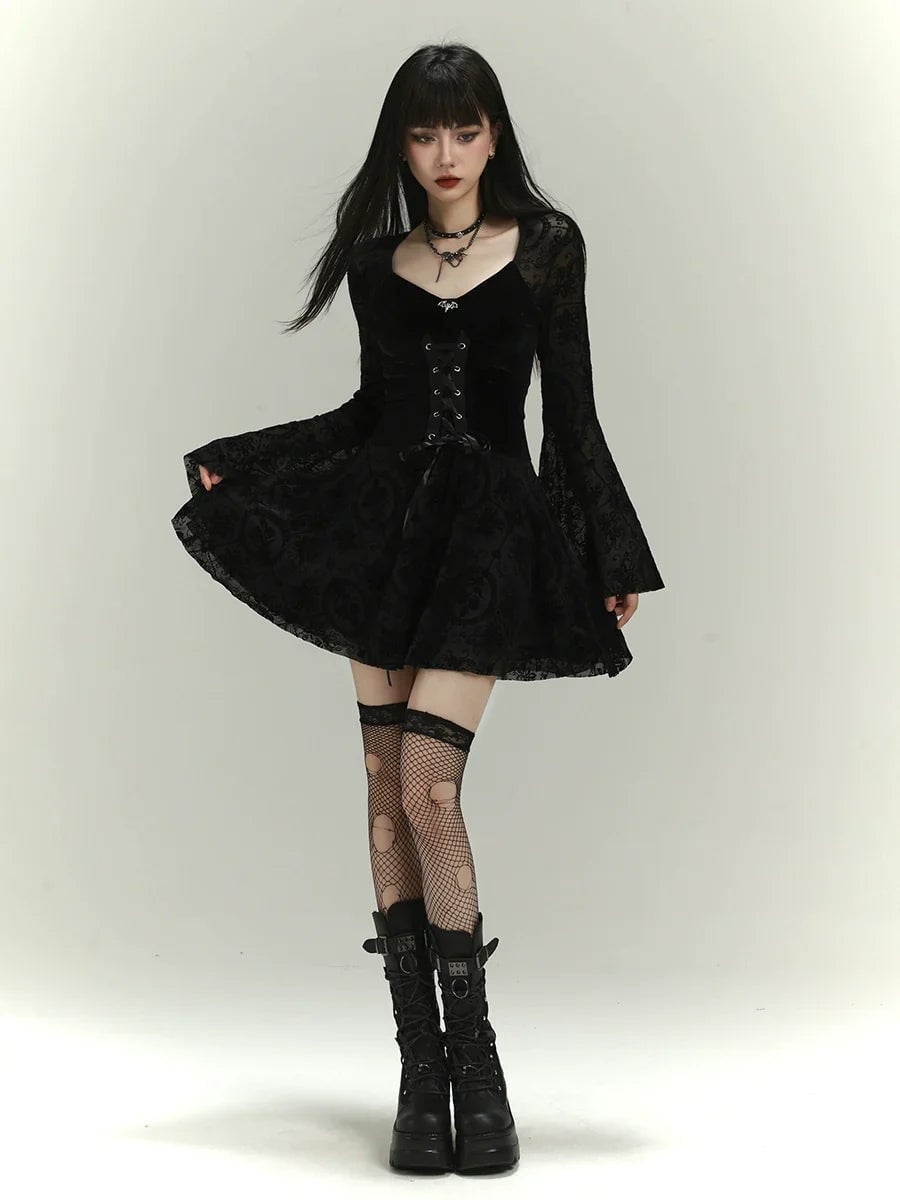 Velvet Dress with Lace Corset Detail and Chunky Black Boots — Goth Style Ideas