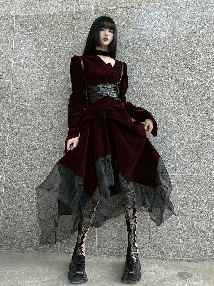 Velvet Dress with Corset Belt and Mesh Skirt — Goth Style Ideas