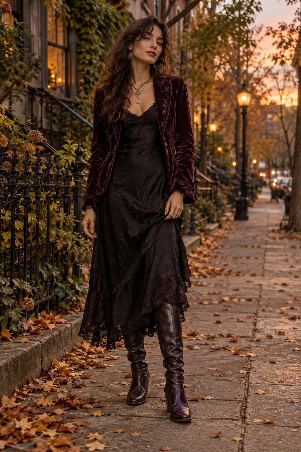 Burgundy Velvet Blazer Over Lace Slip Dress With Dark Leather Boots — Goth Style Ideas