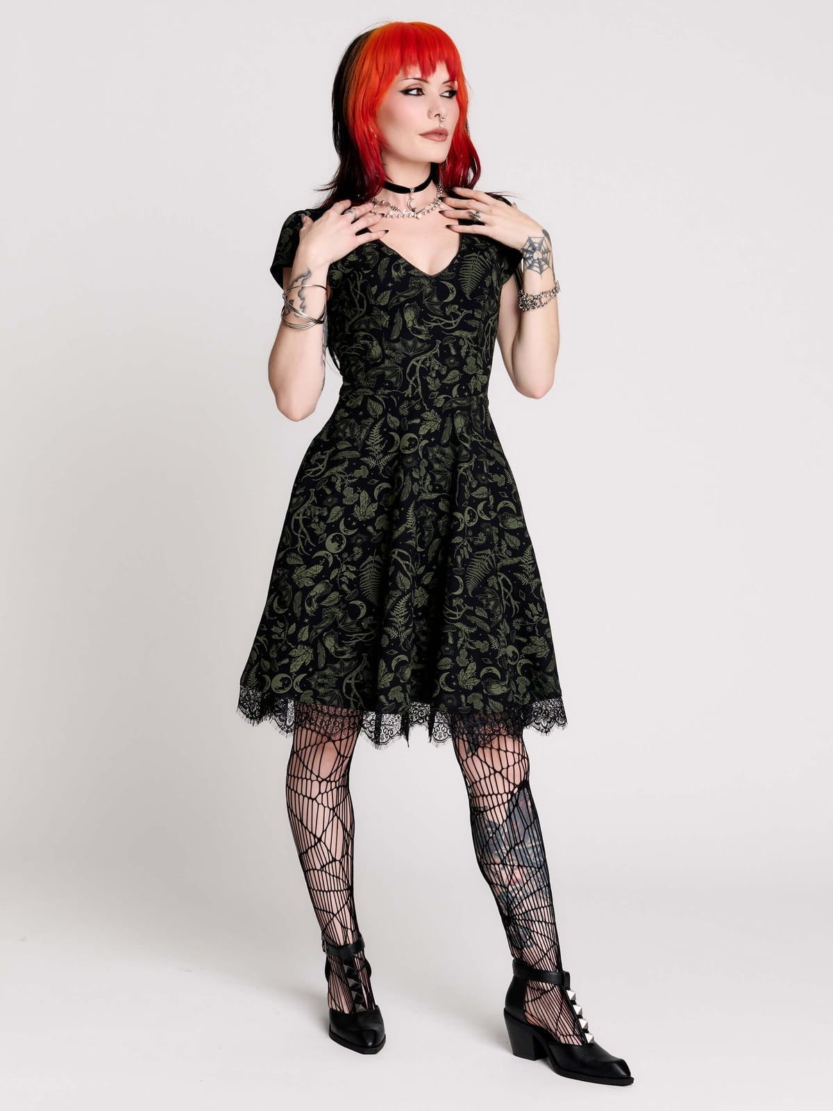 Botanical Print Dress with Lace Trim — Goth Style Ideas