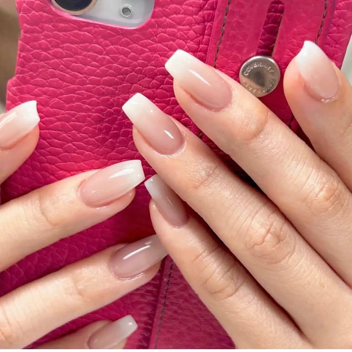 Classic Nude White French Ombre Medium Squoval, Glossy Classic Nude White French Ombre Medium Squoval, Glossy — Gradient Nail Ideas