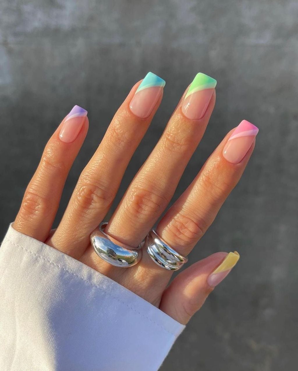 Pastel French Tips Medium Square Nails Pastel French Tips Medium Square Nails — Gradient Nail Ideas