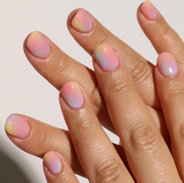 Pastel Pink Yellow Blue Short Oval Milky Pastel Pink Yellow Blue Short Oval Milky — Gradient Nail Ideas