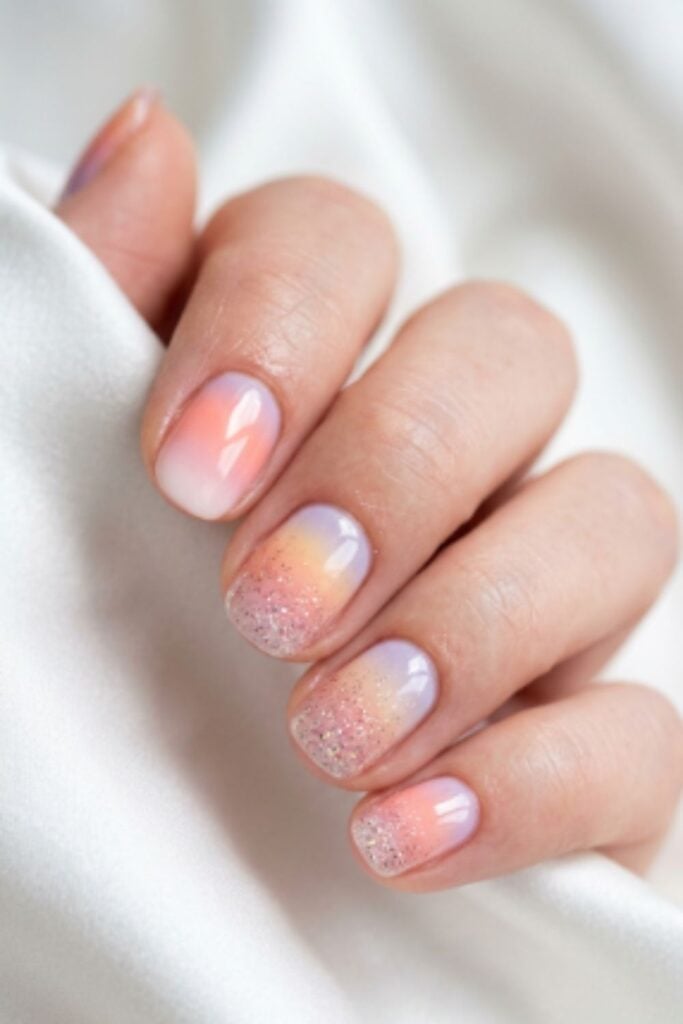 White Orange Purple Glitter Tip Short Oval White Orange Purple Glitter Tip Short Oval — Gradient Nail Ideas