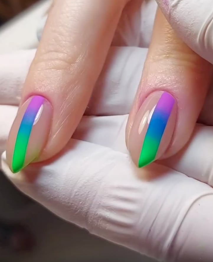 Purple Blue Green Diagonal Short Almond Purple Blue Green Diagonal Short Almond — Gradient Nail Ideas