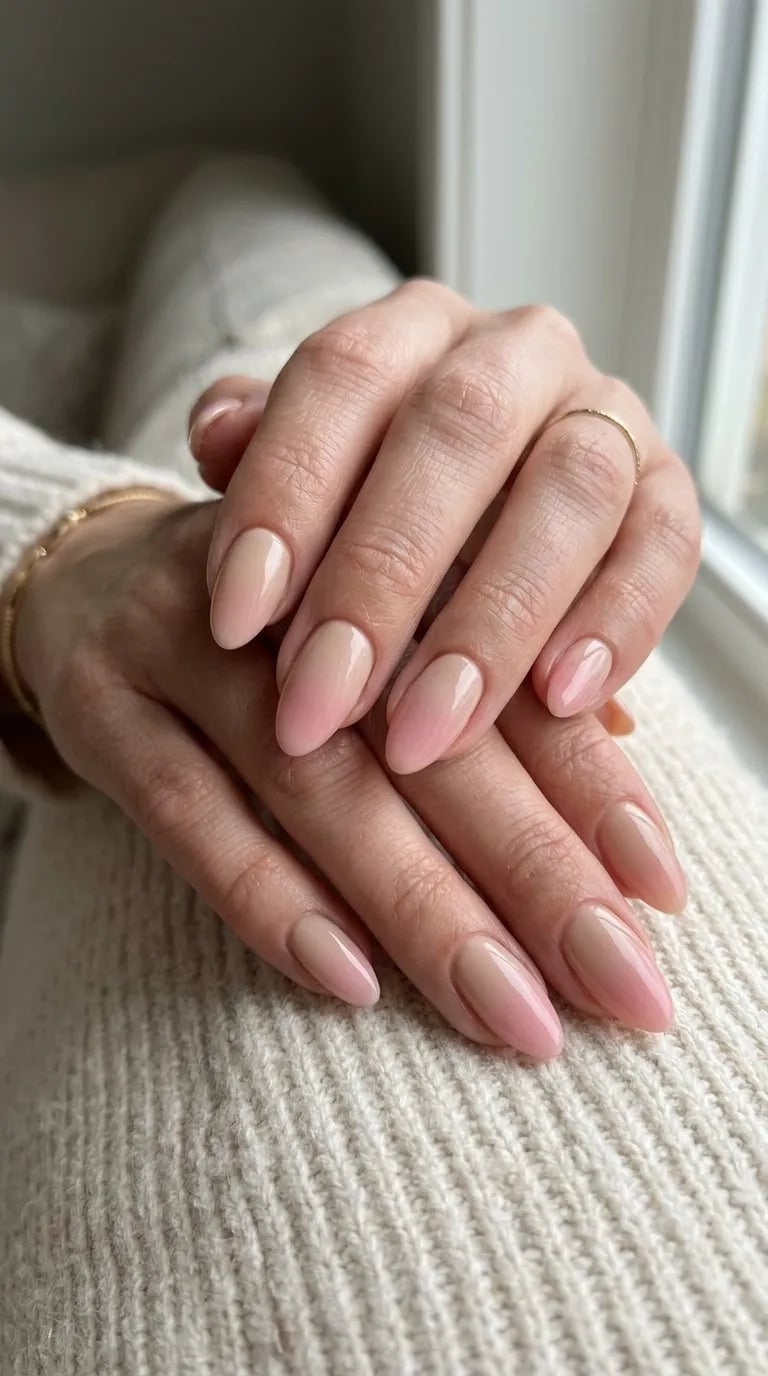 Nude Light Blue French Tip Short Almond Nude Light Blue French Tip Short Almond — Gradient Nail Ideas