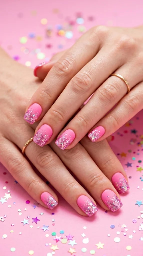 Matte Pink Glitter Tip Short Square Matte Pink Glitter Tip Short Square — Gradient Nail Ideas