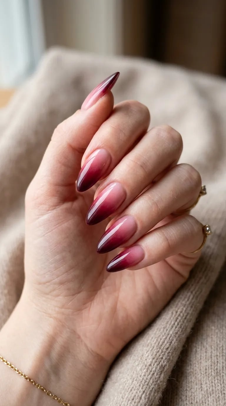Dramatic Deep Red Pink Long Almond Gradient Dramatic Deep Red Pink Long Almond Gradient — Gradient Nail Ideas