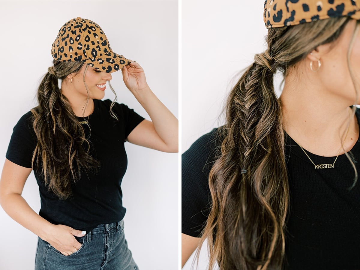 Mid-Back Dark Brown Ponytail Braid With Hat and Face-Framing Bangs — Hair Ideas with Hat