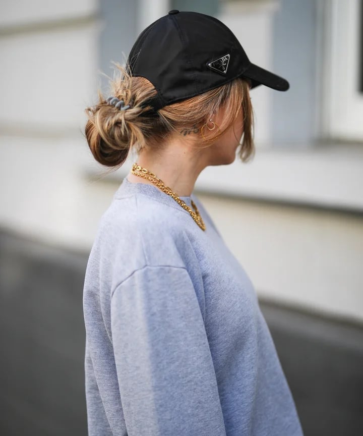 Mid-Back Medium Brown Messy Bun — Hair Ideas with Hat
