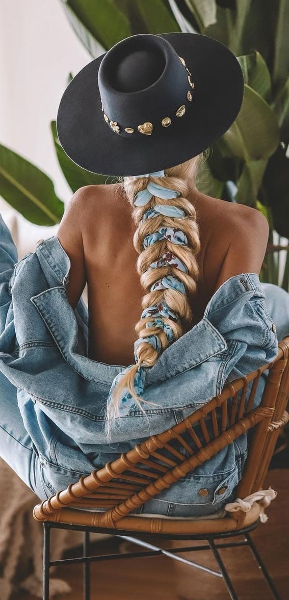 Mid-Back Blonde Braid With Scarf Detail — Hair Ideas with Hat