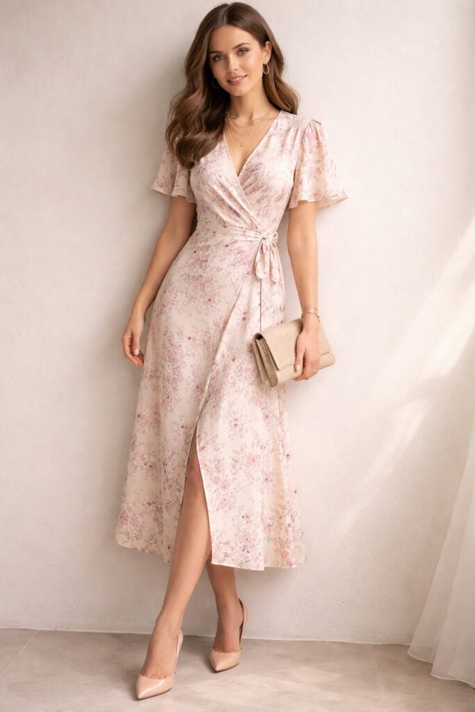 Light Pink Floral Wrap Dress for Daytime Light Pink Floral Wrap Dress for Daytime — Light Pink Dress Ideas