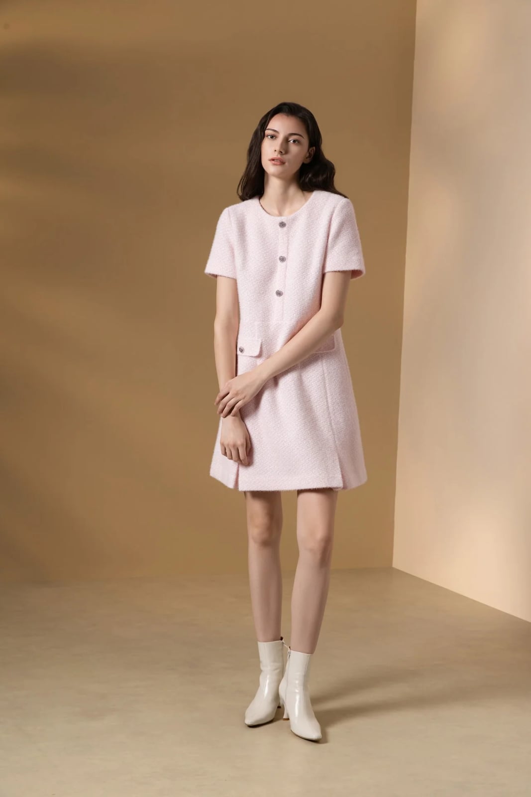 Light Pink Tweed A-line Dress with Buttons Light Pink Tweed A-line Dress with Buttons — Light Pink Dress Ideas